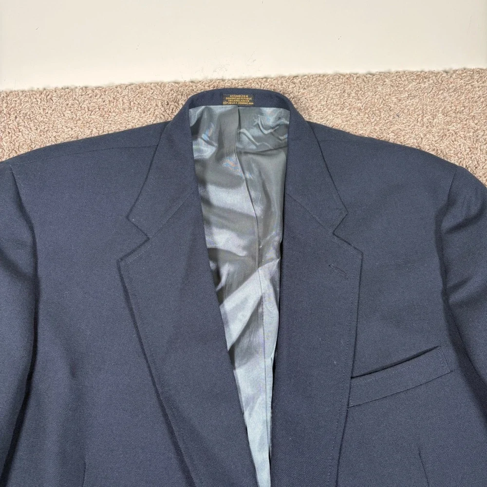 Stafford Mens Navy Blue Worsted Wool Blend Two-Button Blazer Gold Crest Buttons
